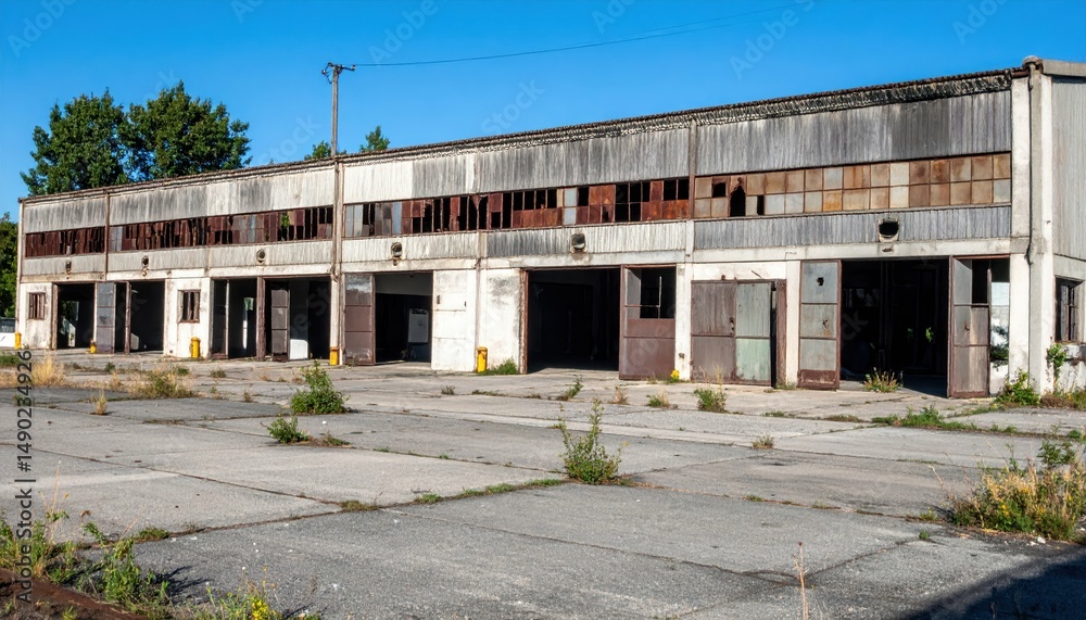 Derelict Shipping Depot with Loading Docks Under Harsh Midday Sun Derelict Shipping Depot with Loading Docks Under Harsh Midday Sun