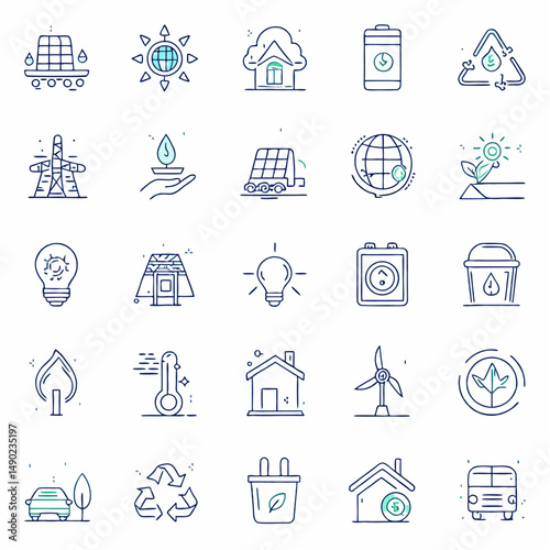 Energy Efficiency Icons – Solar, Wind, Electricity EPS

