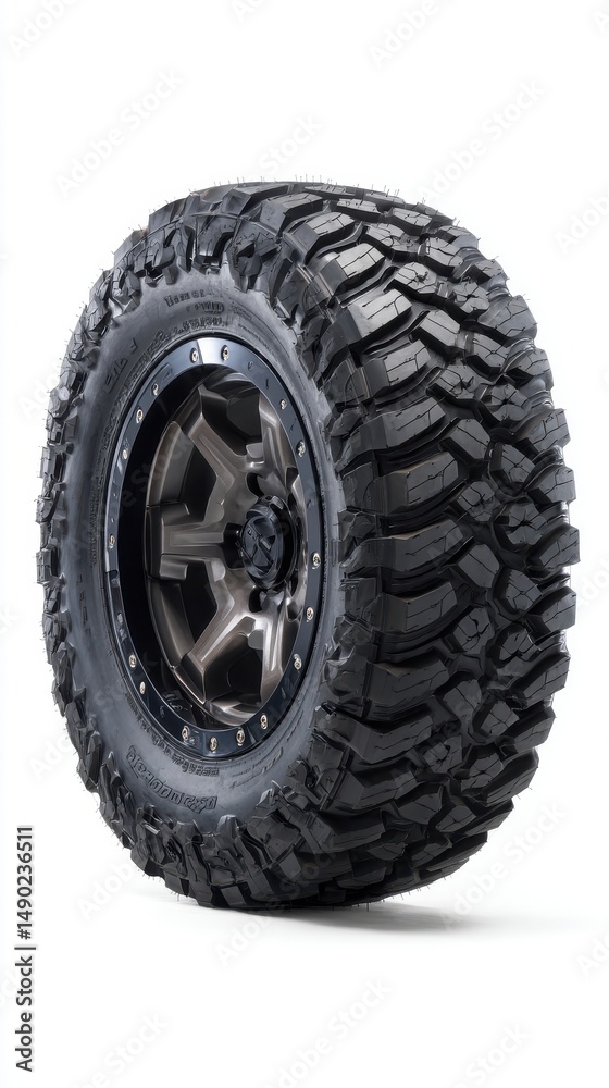 Naklejka premium Black off-road tire with rugged pattern and metallic rim, isolated on white studio background