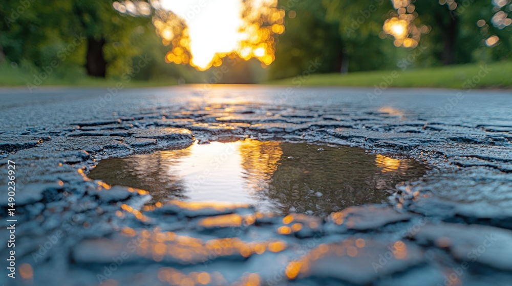 Fototapeta premium Puddle on cracked asphalt road at sunset