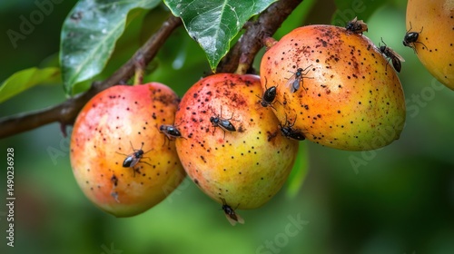 Fruit flies on ripening plums, orchard, summer
