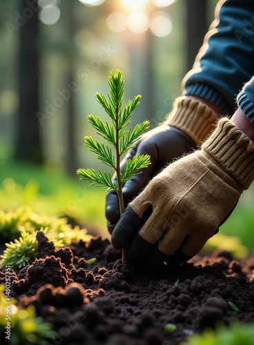 Gardener planting young conifer with care against misty forest backdrop