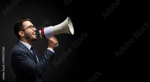 Professional Man Shouting into Megaphone on Black Background for Announcement or Promotion