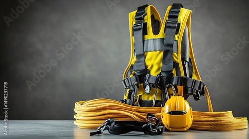 Safety harness and equipment showcased, emphasizing workplace safety and professional preparedness.
