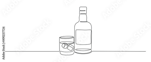 Glass and bottle of whiskey in one continuous line drawing. Whisky and liquor with ice cubes for alcohol drink menu in simple linear style. Editable stroke. Oneline vector illustration
