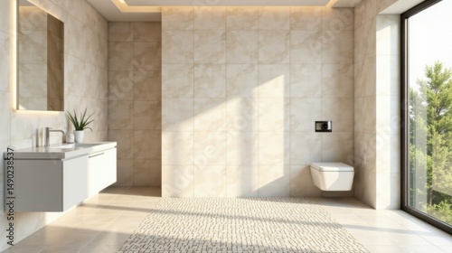 Modern Bathroom Design with Natural Light and Neutral Tones Featuring a Wall-Mounted Toilet and a Sleek Vanity