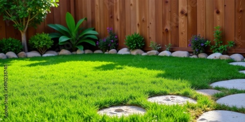 Lush green lawn bordered by a wooden fence, stone pathway, and vibrant flowering plants, creating a serene backyard oasis.