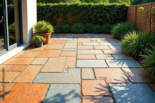 Sun-drenched patio with multicolored stone paving, bordered by lush greenery and a wooden fence, creating a serene outdoor space