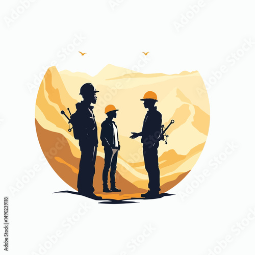 Construction Workers in Discussion, Hard Hat Safety, Outdoor Engineering Collaboration, Industrial Planning Scene, Minimalist Silhouette Art