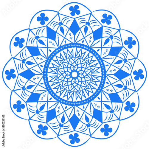 A beautiful, symmetrical mandala design in vibrant blue outlines on a pure white background.