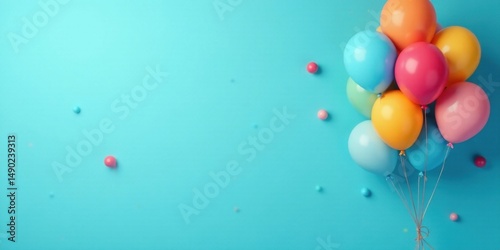 A cluster of pastel-colored balloons floats against a vibrant blue backdrop, scattered confetti adds to the celebratory ambiance