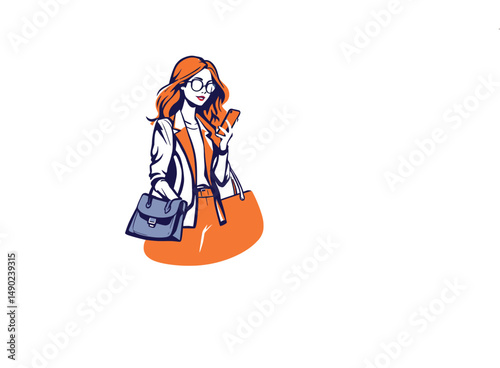 Stylish Businesswoman Holding Smartphone, Professional Modern Outfit with Handbag, Confident Urban Look, Minimalist Vector Illustration