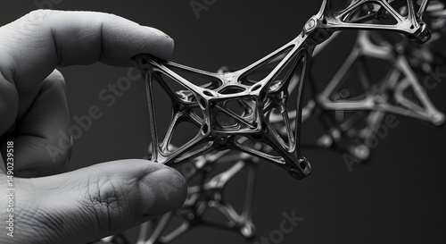 Hand holding intricate 3D-printed structure, showcasing advanced manufacturing and technology in black and white, ideal for engineering, science and innovative design concepts.