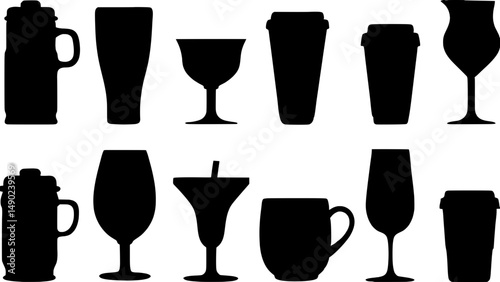 A collection of various beverage icons.  Different types of cups, glasses, and containers are shown, including beer mugs, wine glasses, cocktails glasses, margarita glasses, coffee cups, teacups, and 