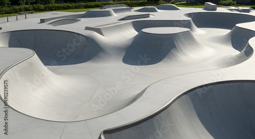 Modern Concrete Skatepark Design: Curving Ramps, Bowls, and Grinding Edges for Skateboarding and BMX, Ideal for Extreme Sports and Urban Recreation Activities