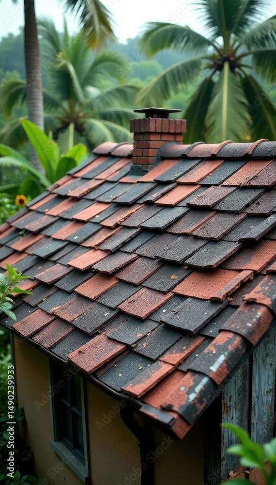 Naklejka premium Roof with missing shingles after hurricane damage, shingle loss, storm surge