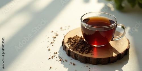 Aromatic Herbal Infusion in Glass Cup on Wooden Coaster Illuminated by Sunlight