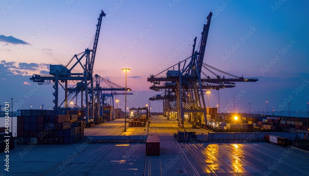 Fototapeta premium Dimly Lit Cross Dock Facility with Overhead Cranes at Dawn