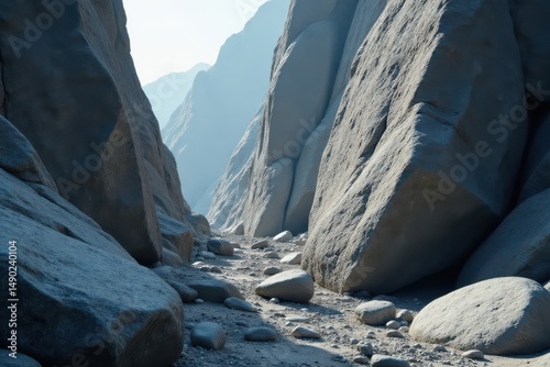 A sunlit path winds through a dramatic rocky canyon, large boulders and stones creating a textured pathway