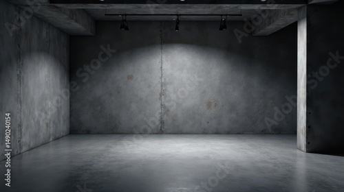 Empty Industrial Space with Concrete Walls and Polished Floor, Illuminated by Track Lighting