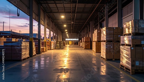 Dimly Lit Cross Dock Facility with Stacked Pallets at Dawn