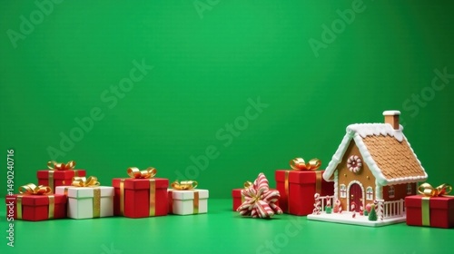 Festive Holiday Scene with Gifts and Gingerbread House on Green Background
