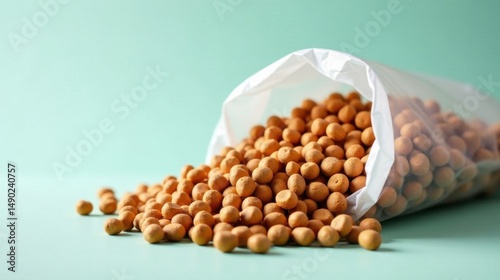 A bag of round, roasted, crunchy, savory snacks spills onto a pastel surface