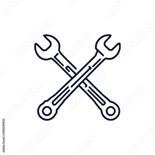 Crossed Wrenches Symbol, Icon for Tools, Repair, and Maintenance, Minimalist Mechanical Work Silhouette, Black and White Vector Illustration