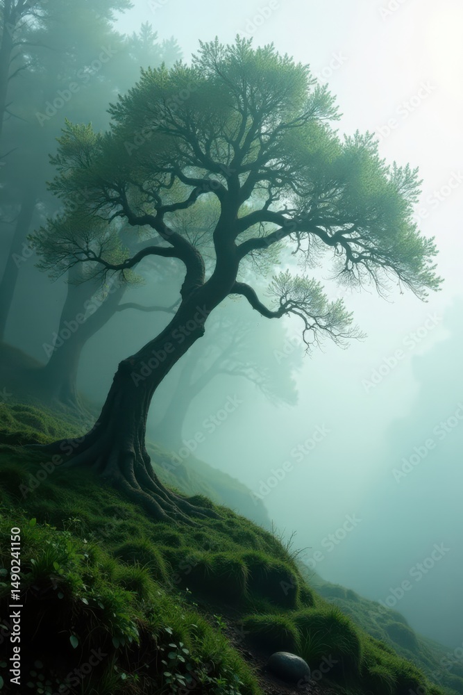 Fototapeta premium Enigmatic Ancient Tree in a Misty Woodland Setting, Its Roots Deeply Anchored in Verdant Slopes