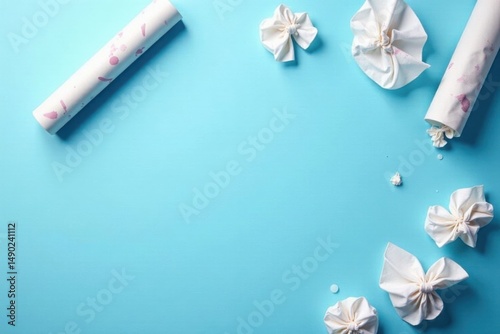 Artistic Arrangement of Fabric and Paper Rolls on a Light Blue Background
