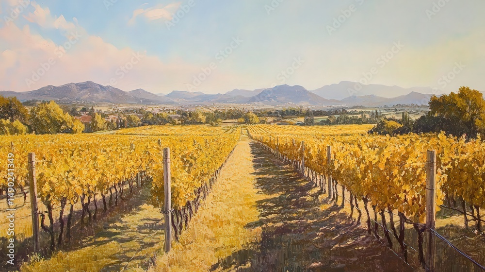 Fototapeta premium Golden vineyard landscape stretches to distant hills.