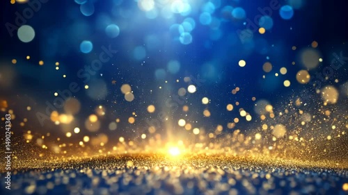 Golden glitter sparkles and shimmers on a magical blue background with a bright light shining up