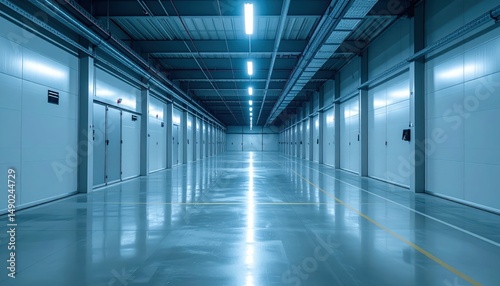 Dimly Lit Refrigerated Warehouse Interior Under Fluorescent Lights