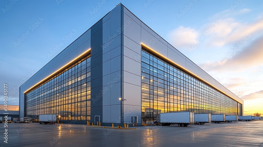 Modern Warehouse at Sunset: Logistics and Distribution Center Modern Warehouse at Sunset: Logistics and Distribution Center