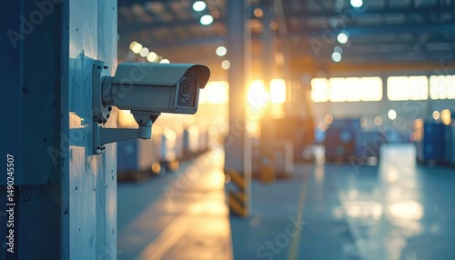 Dimly Lit Shipping Depot with Security Cameras and Soft Morning Light