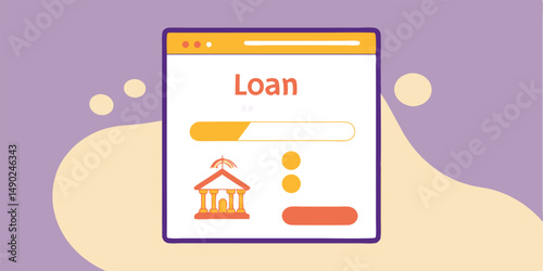 Online loan application interface illustration with bank icon in a modern flat design