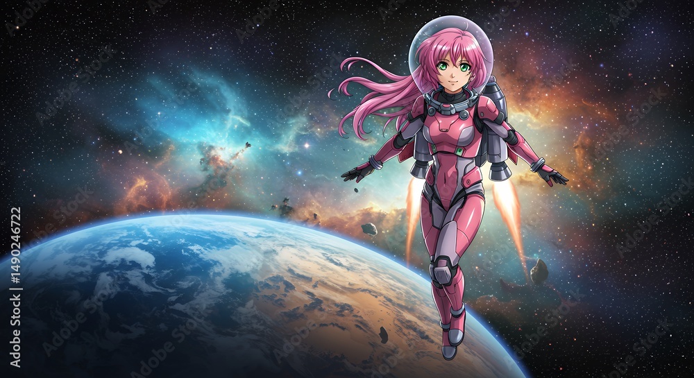 Fototapeta premium Pink haired anime astronaut floating above Earth in a futuristic