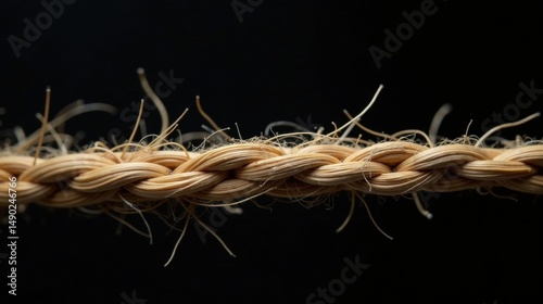 Close-up Detail of a Light Brown Braided Rope with Visible Fibers Against a Dark Background