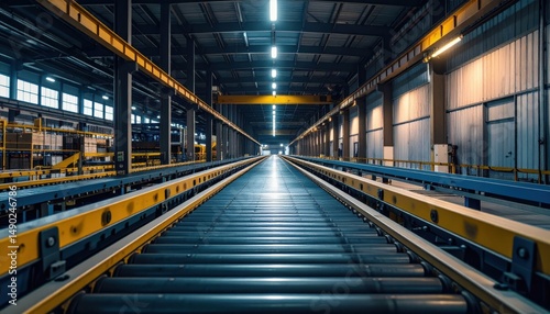 Dimly Lit Warehouse Mezzanine with Conveyor Belts at Dusk