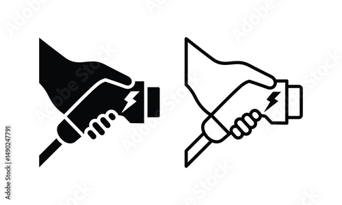 Hand holding electric charger connector linear black icon. Electrical transportation charging plug symbol. Eco friendly electro vehicle charge sign. Eps battery powered EV transport station logo