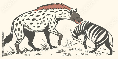 Stylized illustration of a hyena attacking a zebra with transparency for design