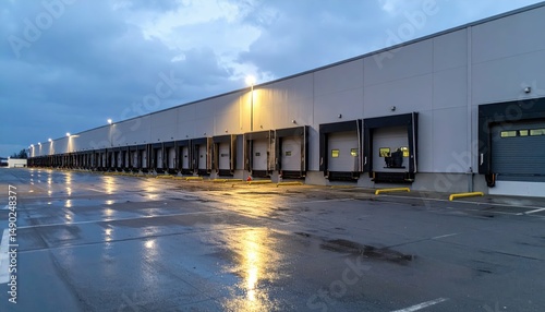 Functional Cargo Warehouse Exterior with Pallet Jacks at Dusk