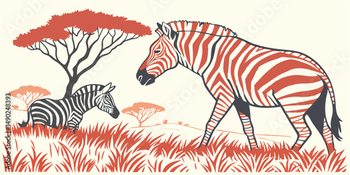 Stylized illustration of two zebras in an african savannah with transparent background