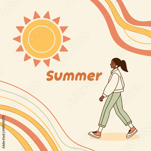 A simple, stylized illustration of a woman walking, representing a carefree summer vibe.