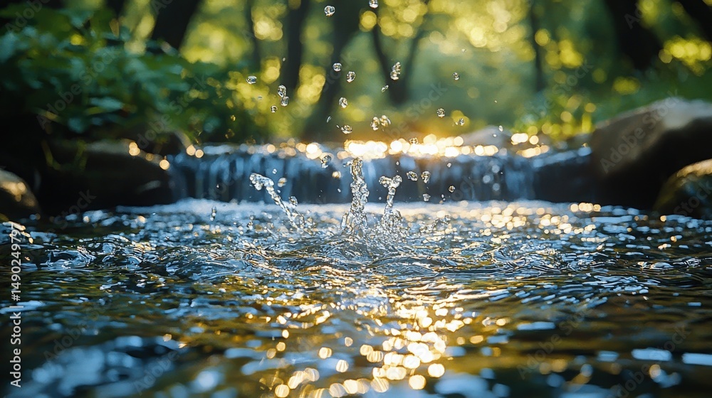 Fototapeta premium Water splashing over rocks in a serene forest stream nature photography tranquil environment vibrant light