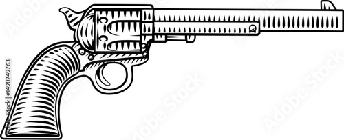 A revolver gun western cowboy pistol illustration in a vintage woodcut style
