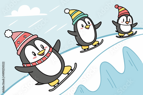 Festive penguins on ice with winter hats vector illustration