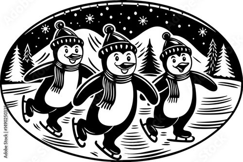 Penguins having fun sliding on ice with festive hats vector illustration