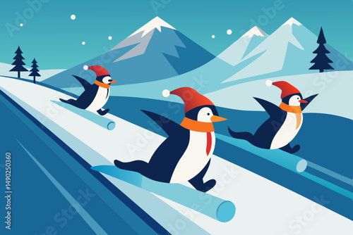 Cute penguins with Christmas hats on ice vector illustration