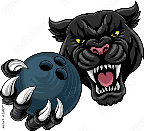 Black panther leopard or jaguar cat bowling sports team mascot holding a ball